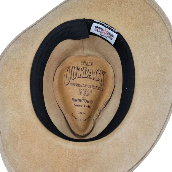 Minnetonka Outback Buffalo Nickel Leather Cowboy Hat Buckskin Tan Size Large - Picture 7 of 12